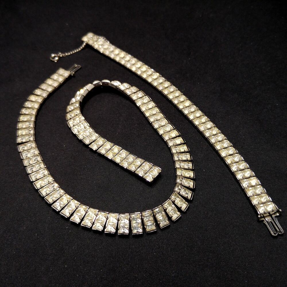 Art Deco Clear Rhinestone Choker Necklace Bracelet Set, Wedding Bridal, Vintage